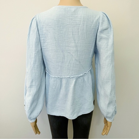 ZARA Blue Pastel Babydoll Cotton V Neck Button Front Long Sleeves Blouse Top. - Picture 3 of 11